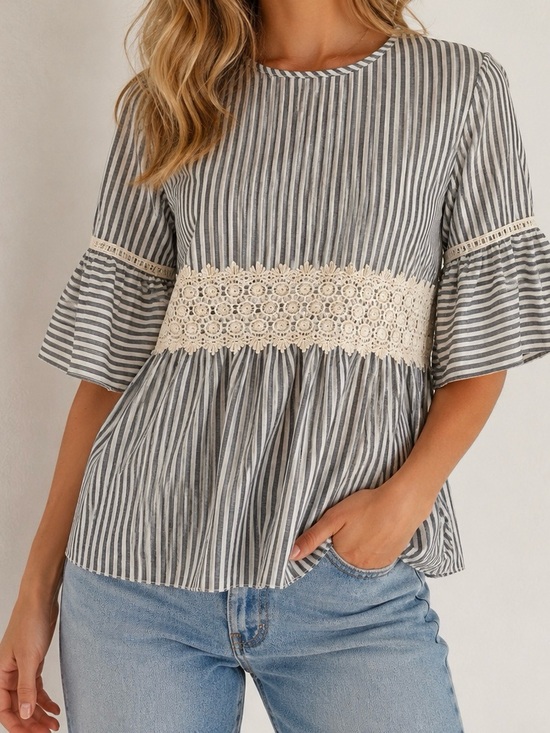 Orange Creek Tops - Orange Creek Blue Stripe Lace Bell Sleeve Top S NWT